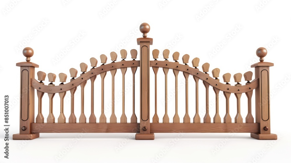 Obraz premium An elegant wooden garden gate with ornate designs, rendered in a 3D illustration, isolated against a white background