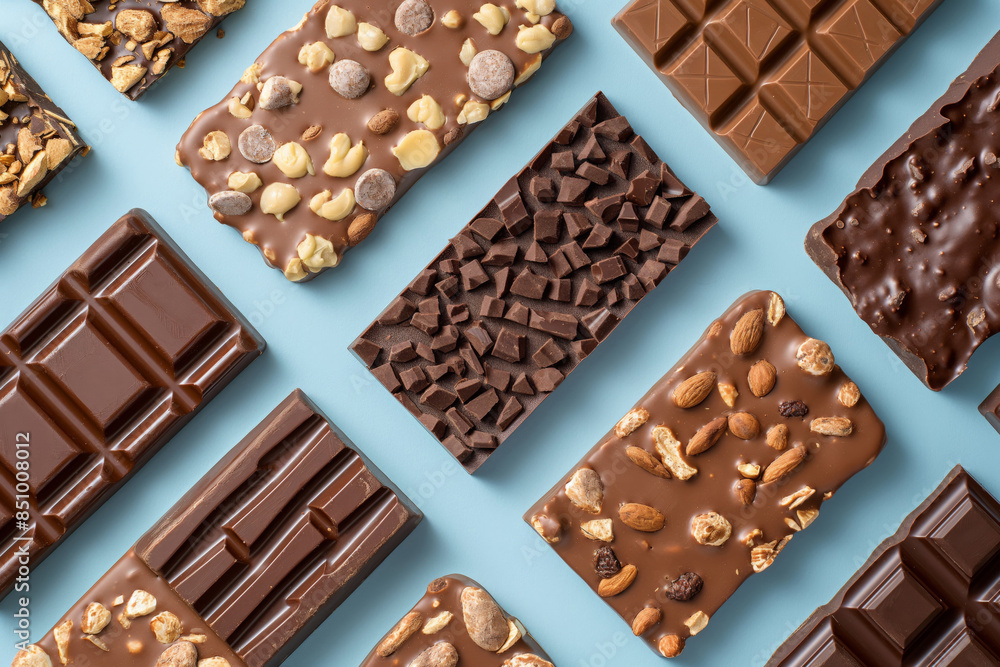 High angle view of various chocolate bars with nuts and toppings scattered on a vibrant blue surface, ideal for confectionery themes High angle view of various chocolate bars with nuts and toppings scattered on a vibrant blue surface, ideal for confectionery themes