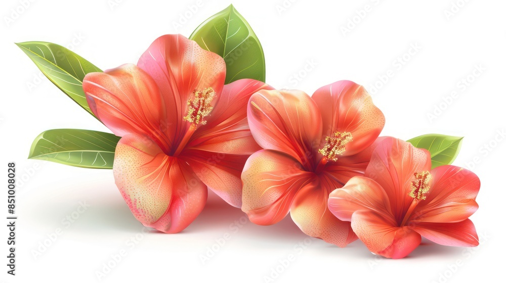 Fototapeta premium Three stunning hibiscus flowers with prominent stamens are depicted against a pure white background, beautifully shaded with a realistic look