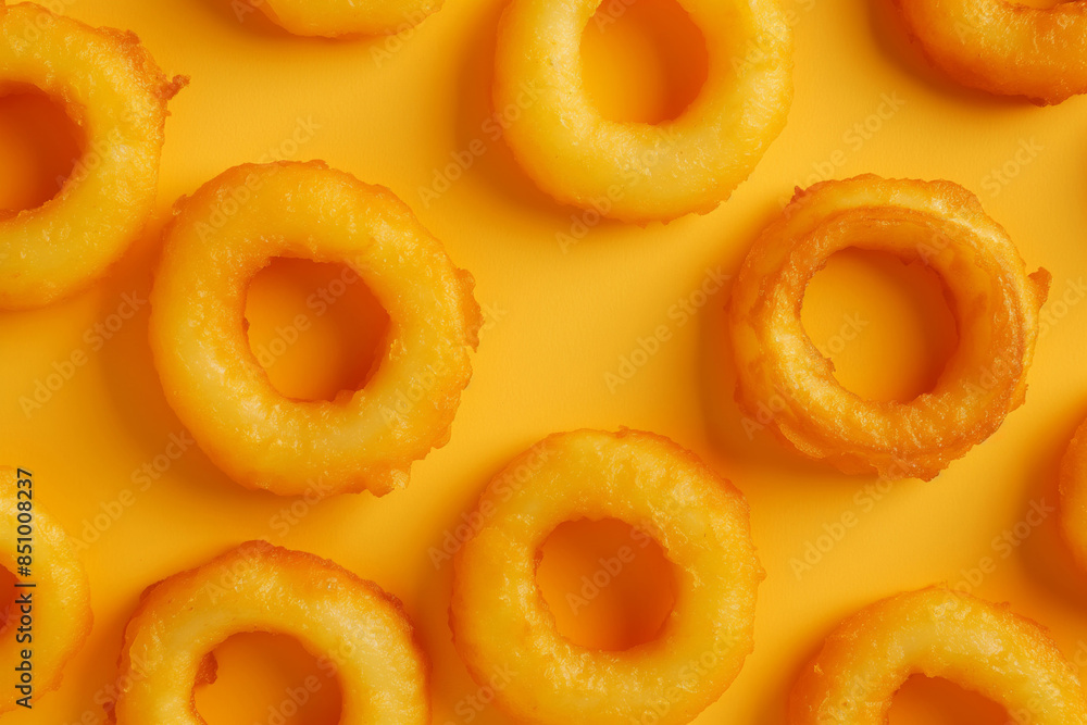 Overhead view of delicious golden fried onion rings arranged on a bright orange surface, showcasing their texture and appetizing appearance Overhead view of delicious golden fried onion rings arranged on a bright orange surface, showcasing their texture and appetizing appearance