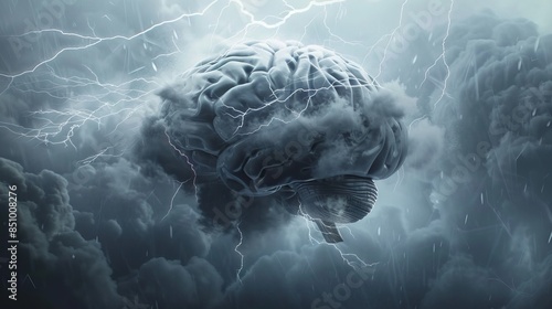 Concept of human brain and lightning, rendered in 3D photo