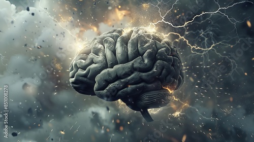 Brainstorm concept, 3d rendering of the human brain and lightning photo