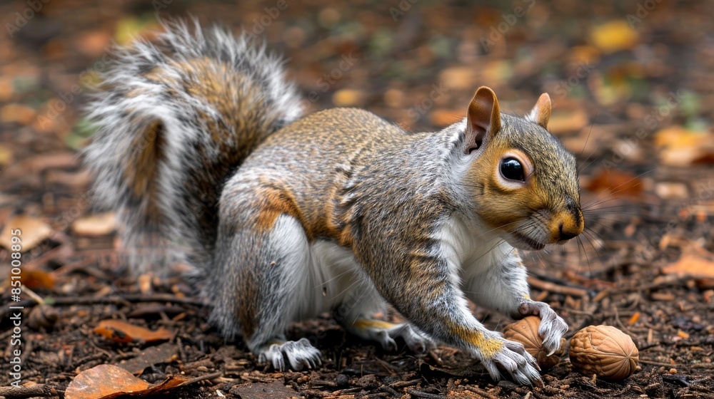 A grey squirrel foraging on the forest floor in an autumn setting, illuminated by warm, golden light. The image highlights the natural beauty of wildlife in the golden hues of fall. A grey squirrel foraging on the forest floor in an autumn setting, illuminated by warm, golden light. The image highlights the natural beauty of wildlife in the golden hues of fall.