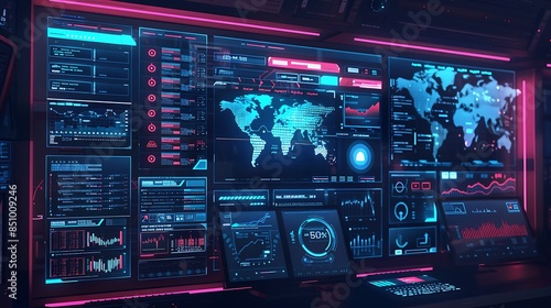 A cybersecurity dashboard monitoring a ransomware attack in real-time, with alerts and notifications highlighting the compromised systems and data breaches. © Danish