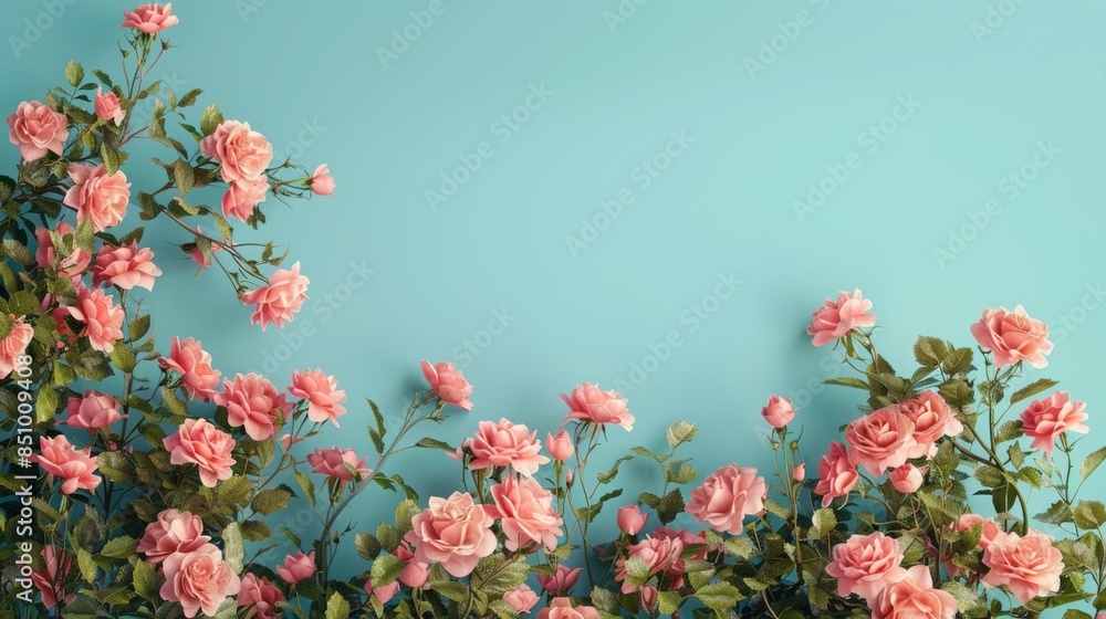 Beautiful spring border, blooming rose bush on a blue background, copy and text space, 16:9 Beautiful spring border, blooming rose bush on a blue background, copy and text space, 16:9