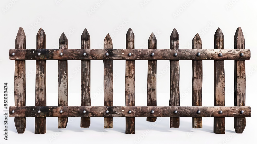 A section of an aged wooden fence with weathered wood texture and metal bolts, isolated against a plain white background A section of an aged wooden fence with weathered wood texture and metal bolts, isolated against a plain white background