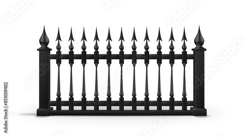 An isolated image of a classic black wrought iron fence, with spearhead finials, showcasing detail and design