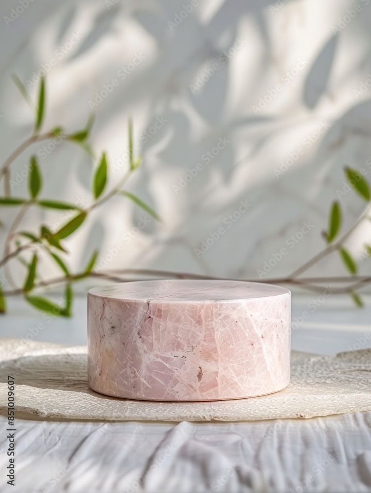 light pink marble stone podium stand for cosmetics and product display on abstract pastel background with flowers and green leaves light pink marble stone podium stand for cosmetics and product display on abstract pastel background with flowers and green leaves