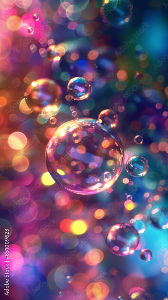 Close-up of colorful soap bubbles floating on a festive background Close-up of colorful soap bubbles floating on a festive background