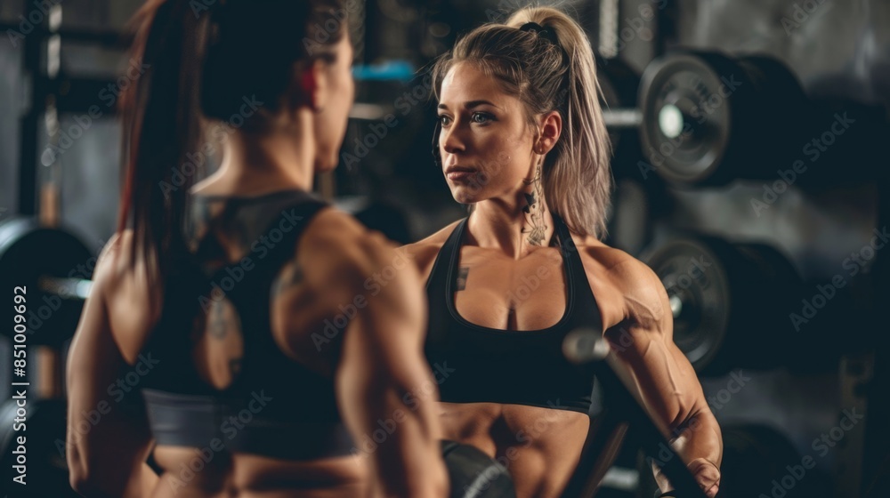 Two women in athletic wear work out in a gym, lifting weights and building muscle. Two women in athletic wear work out in a gym, lifting weights and building muscle.