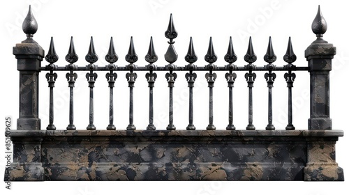 A section of an antique wrought iron fence with spearhead finials, isolated on a white background