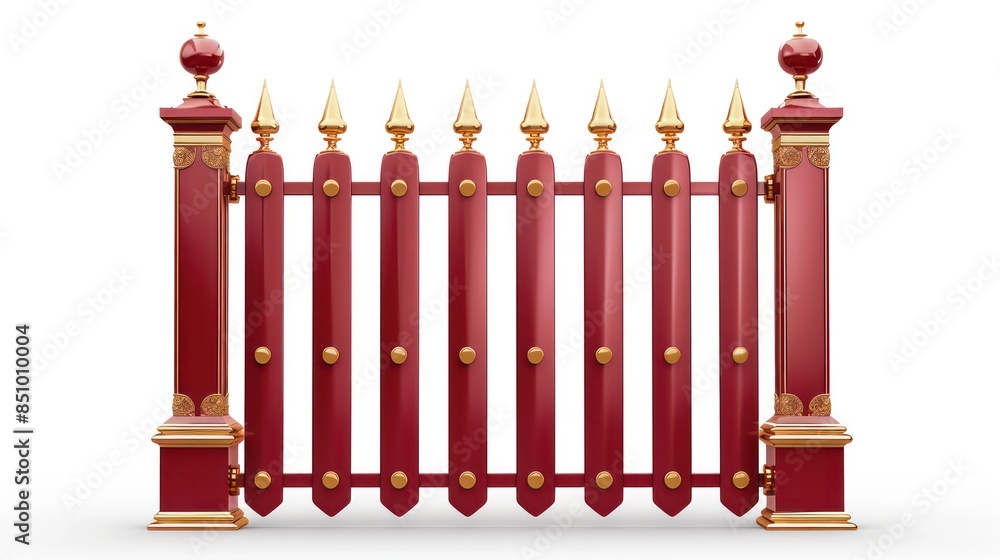 An ornate palace gate with red panels and golden spikes exhibiting a combination of luxury and security An ornate palace gate with red panels and golden spikes exhibiting a combination of luxury and security