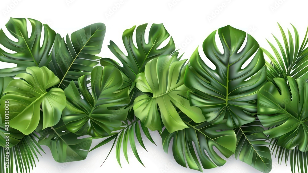 Fototapeta premium An array of vibrant tropical leaves overlapping each other on a clean white background, providing a fresh, natural feel