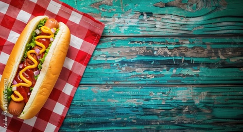 Classic Hot Dog on Checkered Tablecloth: A hot dog topped with mustard, ketchup, onions, and lettuce, placed on a red and white checkered tablecloth, against a rustic blue wooden background.
