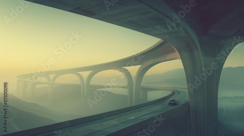 An elevated, curving highway spans across a misty landscape with mountains and a solitary car