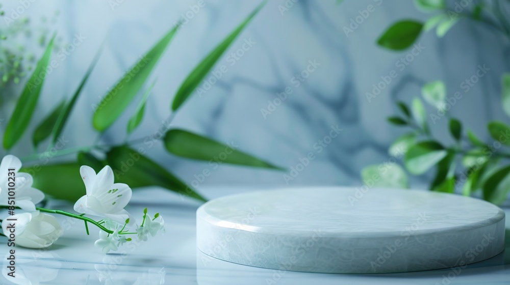 light flat marble stone - stand podium for cosmetics and product display on abstract pastel background with leaves and flowers light flat marble stone - stand podium for cosmetics and product display on abstract pastel background with leaves and flowers