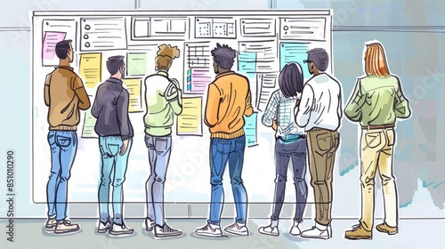 Illustration of diverse group of people looking at a board with sticky notes. AIG535