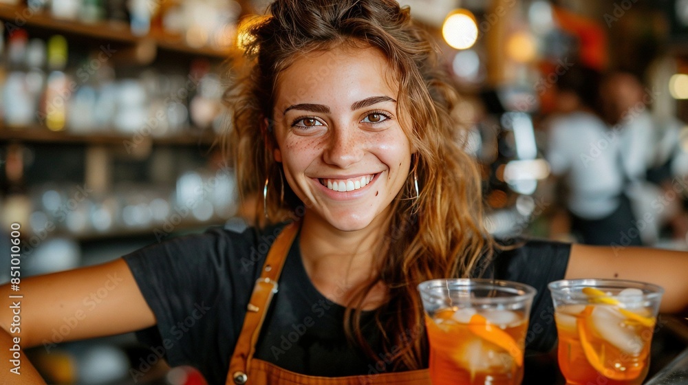 A woman sips on two glasses of orange juice while an orange slice rests on her face at the bar A woman sips on two glasses of orange juice while an orange slice rests on her face at the bar