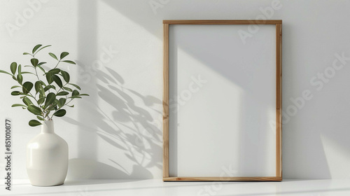 Empty wooden photo frame against a white wall beside a white vase with green plant