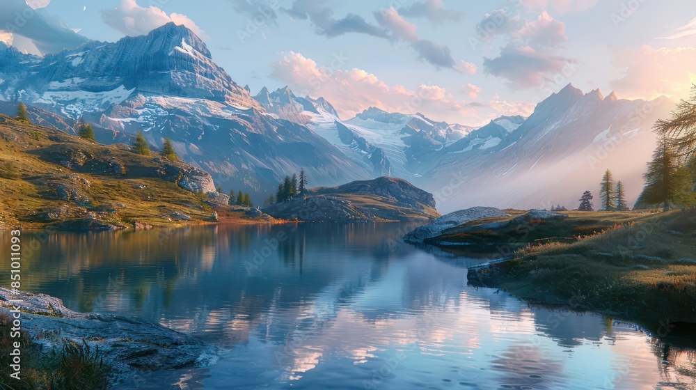 This image captures the tranquility of a mountainous landscape with a serene lake reflecting the sunset hues, surrounded by peaks and pines This image captures the tranquility of a mountainous landscape with a serene lake reflecting the sunset hues, surrounded by peaks and pines