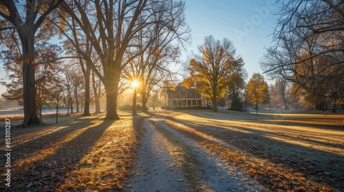 A serene sunrise scene in a frost-covered park with long shadows from trees casting across a walking path and a house in the background