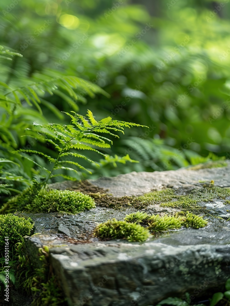 large moss covered stone close up - stand podium for cosmetics and product display on natural green background large moss covered stone close up - stand podium for cosmetics and product display on natural green background