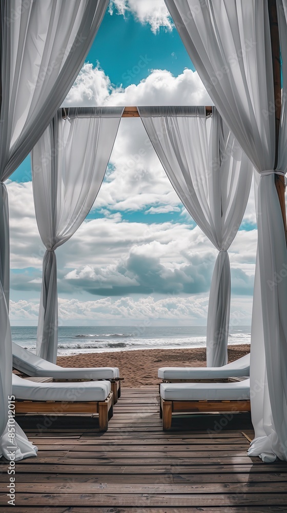 Fototapeta premium a peekaboo white gazebo with a roof and wooden platform on the beach, surrounded by lounge chairs and canopies, perfect for relaxation.