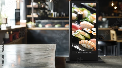 A digital menu display showcasing various sushi rolls, sitting on a countertop in a modern restaurant setting.