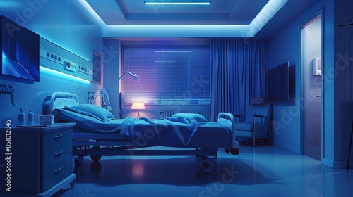 At night, a hospital room with a bed, medical equipment, medication, and a healthcare concept is kept clean. photo