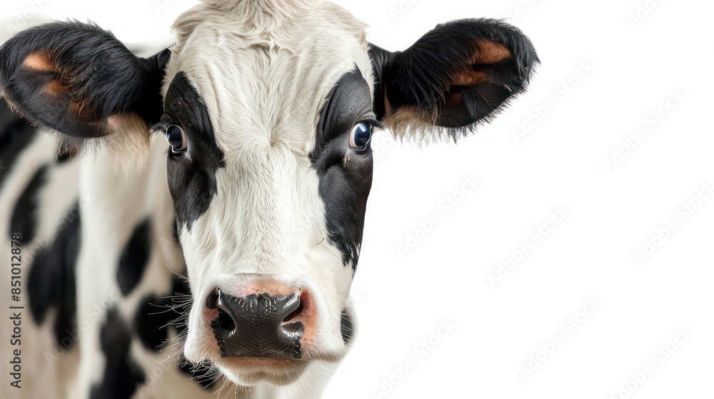 A high-resolution, close-up image capturing the detailed features of a black and white cow with a focus on its eyes A high-resolution, close-up image capturing the detailed features of a black and white cow with a focus on its eyes