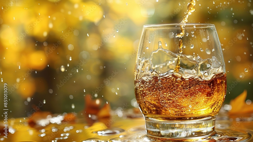 A glass holding liquid sits atop a table adjoining a yellow leaf-covered tablecloth A glass holding liquid sits atop a table adjoining a yellow leaf-covered tablecloth