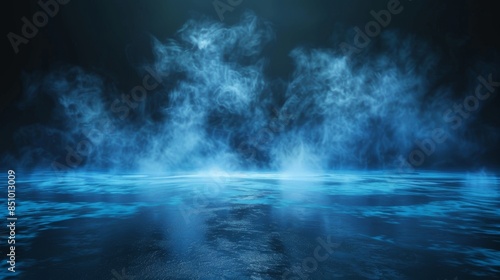 A dark scene with blue smoke rising over a calm body of water © Helen-HD