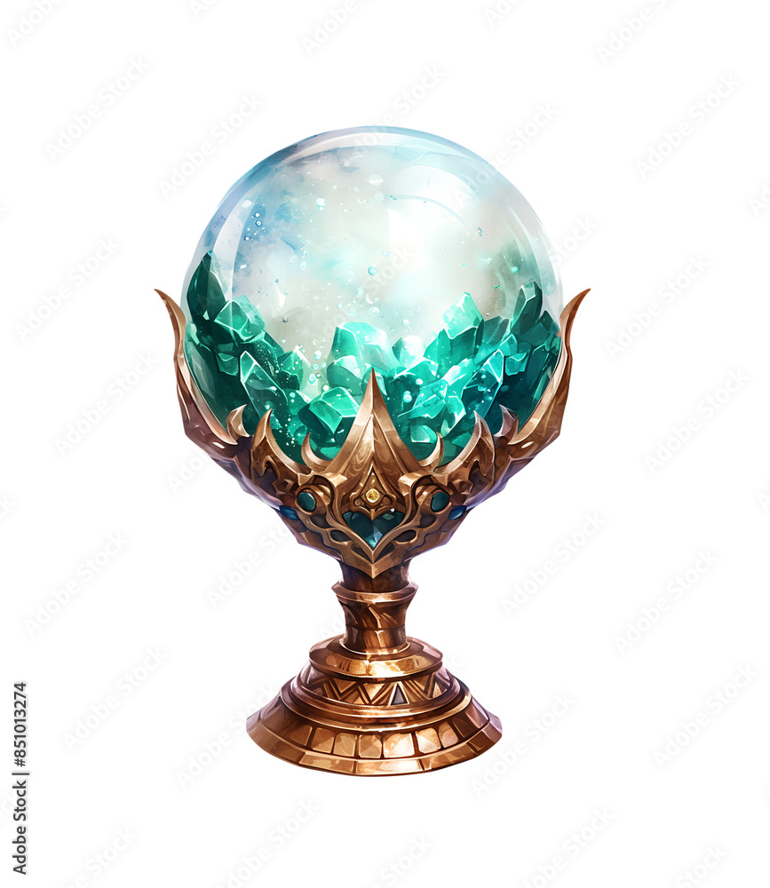 Mystery crystal magic ball for scrying, prediction, divination, watercolor style. Magical ball ability to see into past, present, or future. Fairy fantasy. Cut isolated illustration on transparent Mystery crystal magic ball for scrying, prediction, divination, watercolor style. Magical ball ability to see into past, present, or future. Fairy fantasy. Cut isolated illustration on transparent