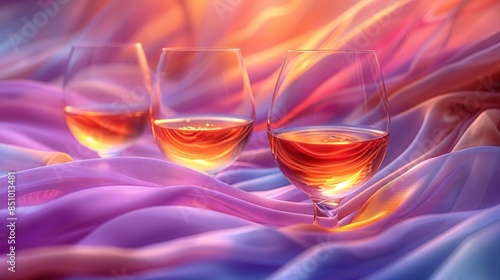  Three wine glasses rest on a purple-pink fabric bed atop a blue-pink blanket