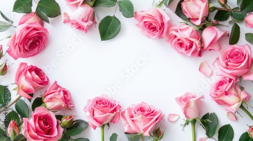 Pink rose flowers arrangement on white surface for various occasions like Valentine s Day Easter Birthdays Women s Day and Mother s Day Flat lay with copy space © TheWaterMeloonProjec
