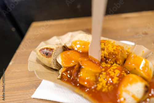 View of the world famous curry wurst, a fried pork sausage with curry ketchup