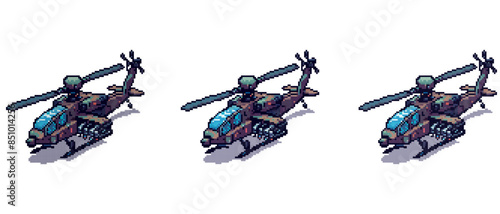 Pixel art military helicopter vibrant colors intricate details camouflage tactical mission hovering clear sky