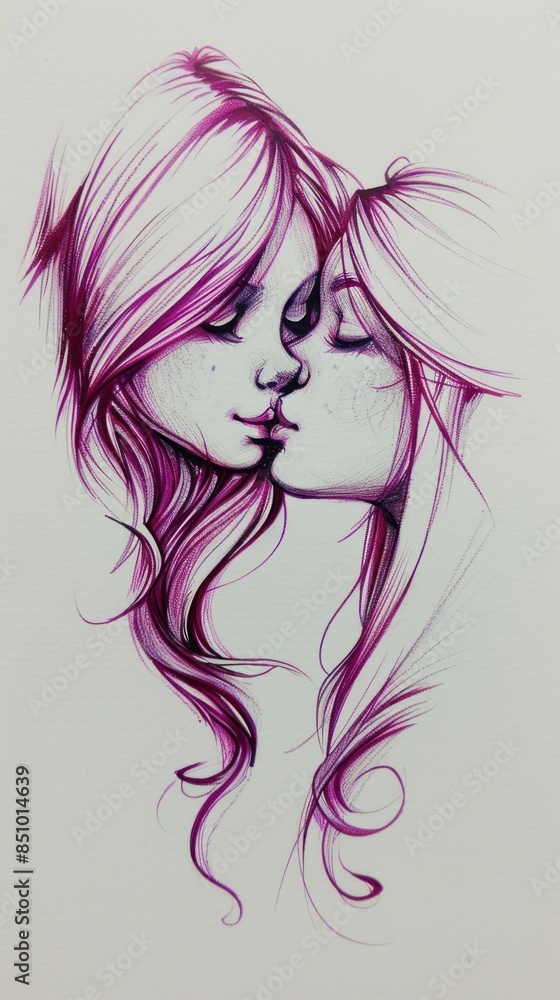 Two girls kiss. The girl on the left has purple hair and the girl on the right has blonde hair. Two girls kiss. The girl on the left has purple hair and the girl on the right has blonde hair.