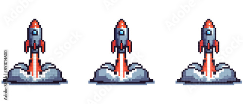 Pixel art illustration of a rocket launch with dynamic orange flames and billowing smoke against a clear backdrop.