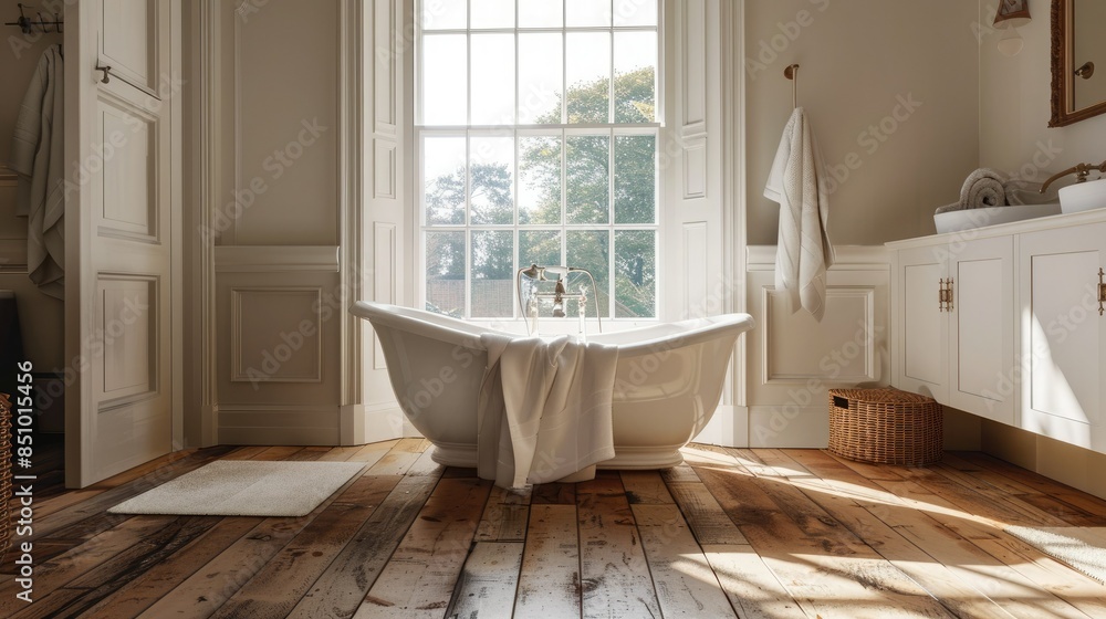 A large window in the bathroom of an English country house with white walls, wooden floors and a bathtub is open, letting in light from outside. There is a towel hanging on one side. A large window in the bathroom of an English country house with white walls, wooden floors and a bathtub is open, letting in light from outside. There is a towel hanging on one side.