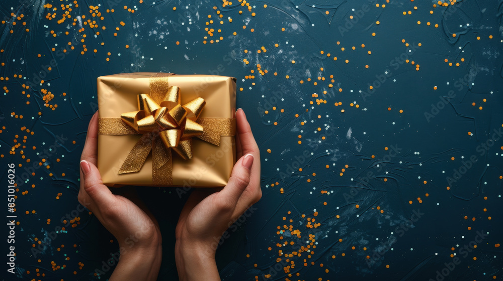 Woman holding a golden gift box with a ribbon on a blue background with golden confetti, perfect for christmas or birthday Woman holding a golden gift box with a ribbon on a blue background with golden confetti, perfect for christmas or birthday