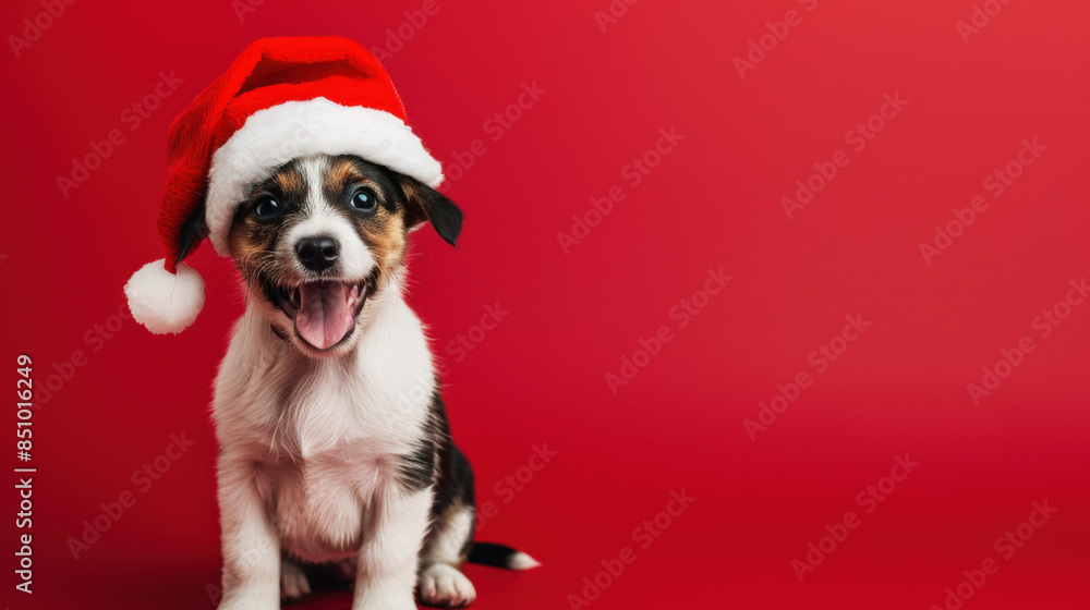 Adorable puppy wearing a santa hat, sitting on a red background, emanating christmas cheer Adorable puppy wearing a santa hat, sitting on a red background, emanating christmas cheer