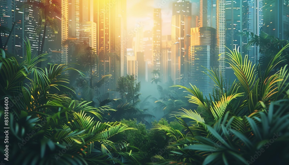 Fototapeta premium Urban jungle with skyscrapers and greenery, vibrant colors, high contrast, photo realism