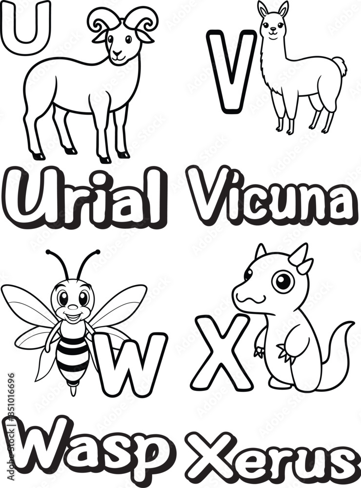 Fototapeta premium Black and white Alphabet book vector illustration for Kid's (U-X)