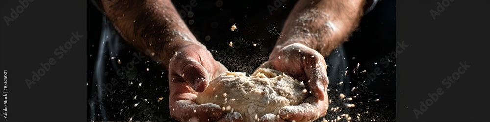 Fototapeta premium Hands of a baker kneading dough isolated on a black background. prepares ecologically natural baked goods. 