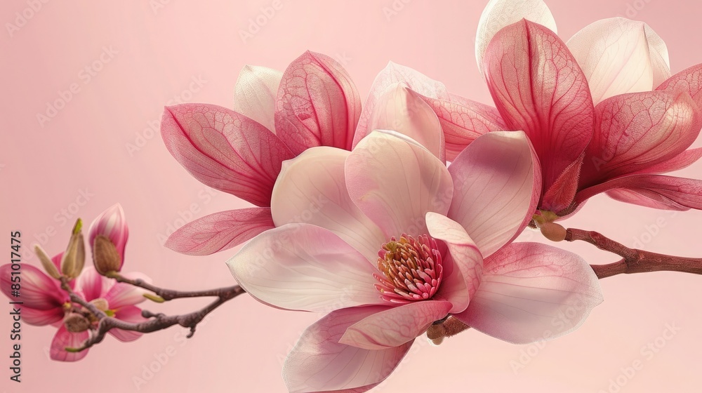 Naklejka premium magnolia flowers on a pink background, copy space for text, banner design, detailed and intricate with small details, in the style of different artists.