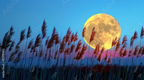   A full moon rising over a field of tall grass against a blue sky backdrop