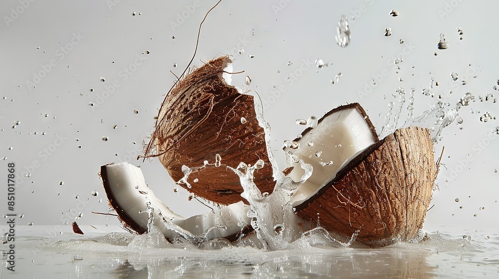 A pair of coconuts splash into water on a white background with droplets A pair of coconuts splash into water on a white background with droplets