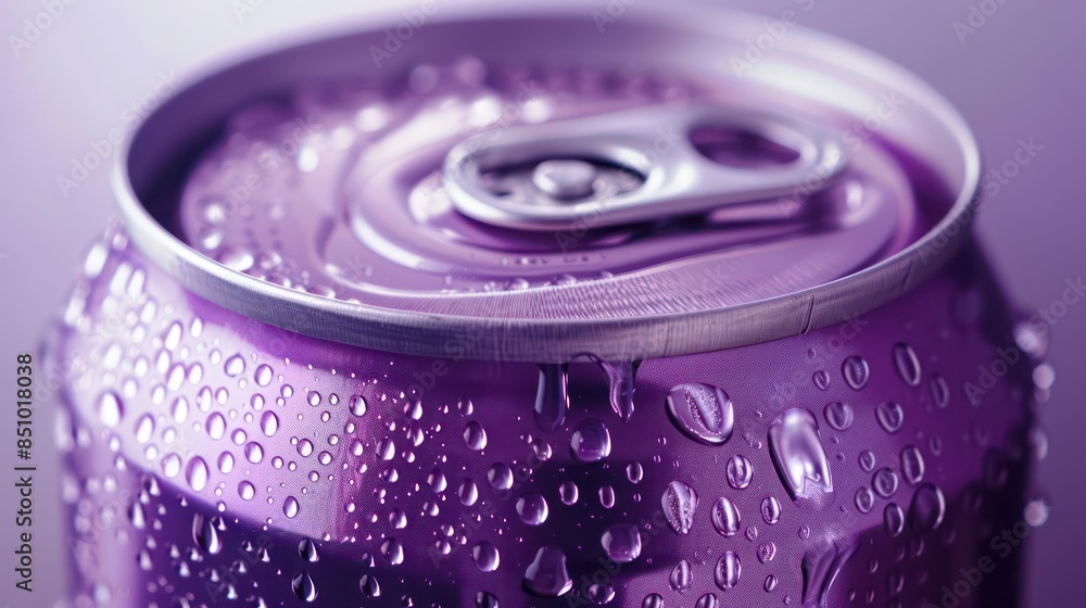 close-up of a purple-colored aluminum soda can with water droplets, presenting a fresh and cool appearance close-up of a purple-colored aluminum soda can with water droplets, presenting a fresh and cool appearance