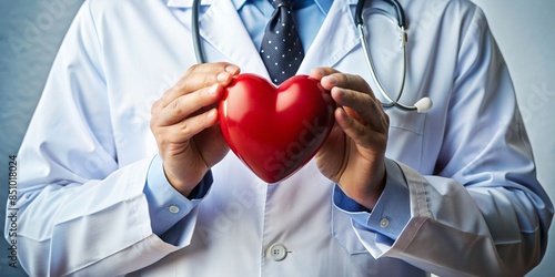 Doctor holding red heart model symbolizing heart health, cardiology care and medical services, close-up of healthcare professional in white coat with stethoscope photo